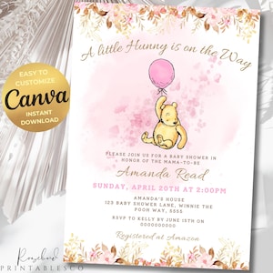 Winnie-the-Pooh: Un piccolo tesoro è in arrivo. Invito per baby shower. Classico invito per baby shower con orsetto Winnie-the-Pooh. Foglie rosa e oro. Canva per baby shower.