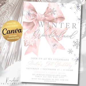 Op de afbeelding: Een roze en witte winterwonderland-thema verjaardagsuitnodiging met een grote roze strik en sneeuwvlokken. De tekst luidt "Winter Wonderland" en "Amelia's 5th Birthday".