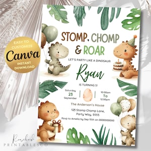 Editable Dinosaur Birthday Party Invitation Template, Canva Editable Dinosaur Template, Stomp Chomp Roar Invite, Boy Neutral Dino Birthday