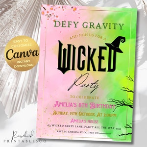 Wicked Party Einladung für Mädchen Party Thema bearbeitbar Invite Pink und Grün WICKED Kinokarte Elphaba & Glinda Thema Canva Vorlage