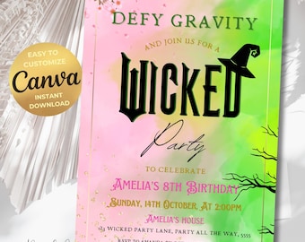 Wicked Party Invitation for Girls Party Theme Editable Invite Pink and Green WICKED Movie Ticket Elphaba & Glinda Theme Canva Template
