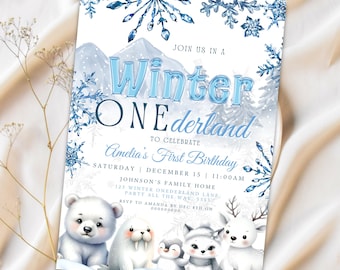 Winter Onederland Invitation Wonderland Boy Girl First 1st Birthday Party Invite Polar Bear Arctic Animals Woodland Forest Editable Canva