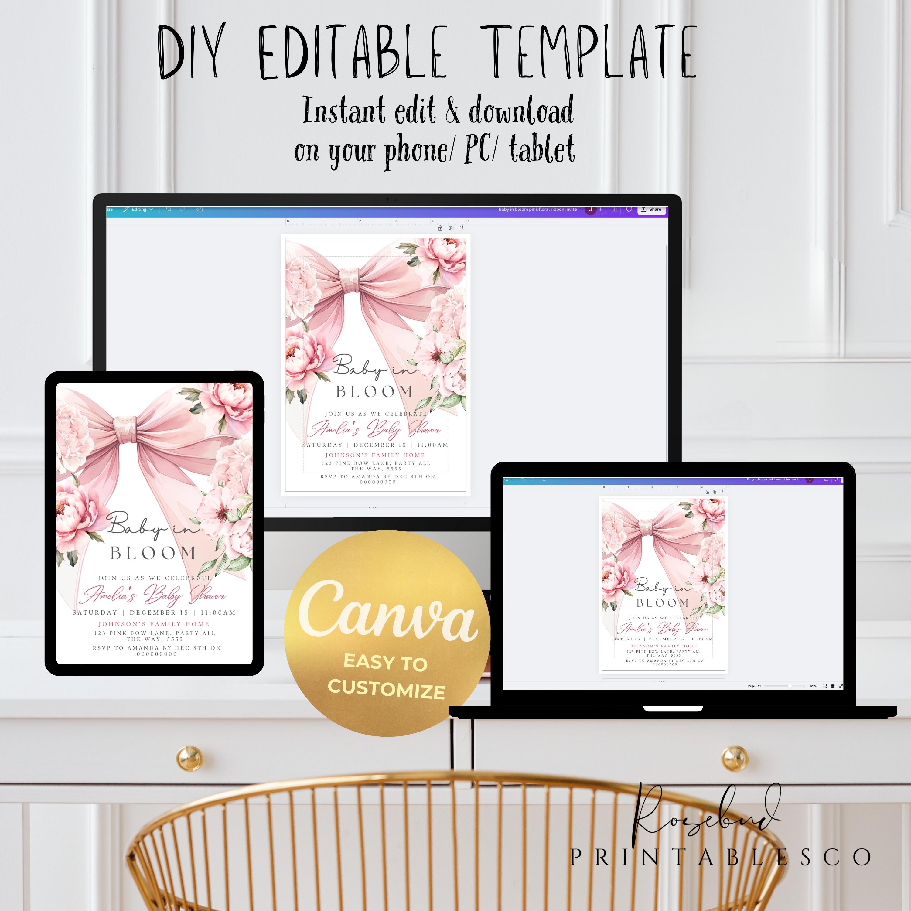 Pink Bow Baby in Bloom Baby Shower Invite Template Elegant Floral Design  Coquette Baby Girl Pink Ribbon Little Wildflower Invite Sweetheart - Etsy, image size:3000x3000