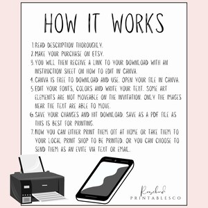 May include: A white background with black text explaining how to use a digital printable invitation. The text includes instructions on how to download, edit, and print the invitation. The image also shows a printer and a smartphone.