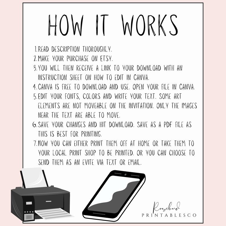 May include: A white background with black text explaining how to use a digital printable invitation. The text includes instructions on how to download, edit, and print the invitation. The image also shows a printer and a smartphone.