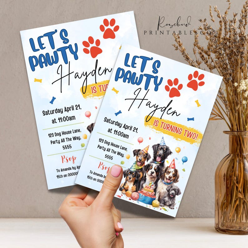 Blue Boy Dog Birthday Invitation, Puppy Party Invite, Lets Pawty ...
