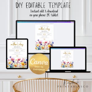 May include: Editable template for a Mother's Day brunch invitation. The invitation features a floral design with pink, yellow, and blue flowers. The text on the invitation reads "Please join us for a Mother's Day Brunch" and includes the date, time, and location of the event. The invitation is designed to be used with Canva, a popular online design platform.