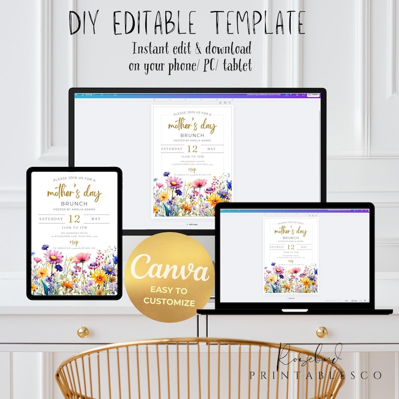 May include: Editable template for a Mother's Day brunch invitation. The invitation features a floral design with pink, yellow, and blue flowers. The text on the invitation reads "Please join us for a Mother's Day Brunch" and includes the date, time, and location of the event. The invitation is designed to be used with Canva, a popular online design platform.