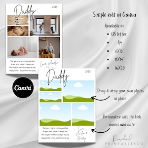 Puede incluir: Tarjeta del D&iacute;a del Padre imprimible con un collage de fotos y el texto "Daddy" en una fuente manuscrita. La tarjeta tiene un esquema de color verde y azul e incluye el texto "Love, Amelia & Harry" y "Happy Father's Day with love every day".
