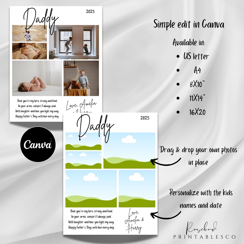 Puede incluir: Tarjeta del D&iacute;a del Padre imprimible con un collage de fotos y el texto "Daddy" en una fuente manuscrita. La tarjeta tiene un esquema de color verde y azul e incluye el texto "Love, Amelia & Harry" y "Happy Father's Day with love every day".