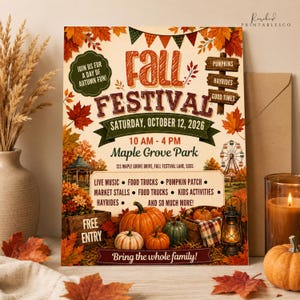May include: A Fall Festival event flyer featuring autumn leaves, pumpkins, a lantern, and a ferris wheel. Text includes: Fall Festival, Saturday, October 12, 2026, 10 AM - 4 PM, Maple Grove Park, 123 Maple Grove Drive, Fall Festival Lane, 5555.