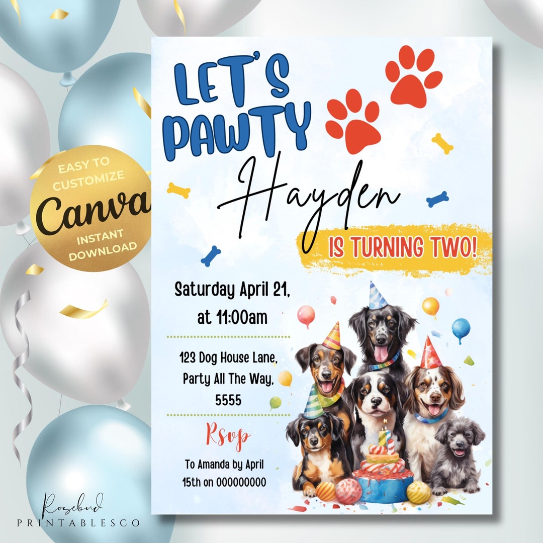 Blue Boy Dog Birthday Invitation, Puppy Party Invite, Lets Pawty ...