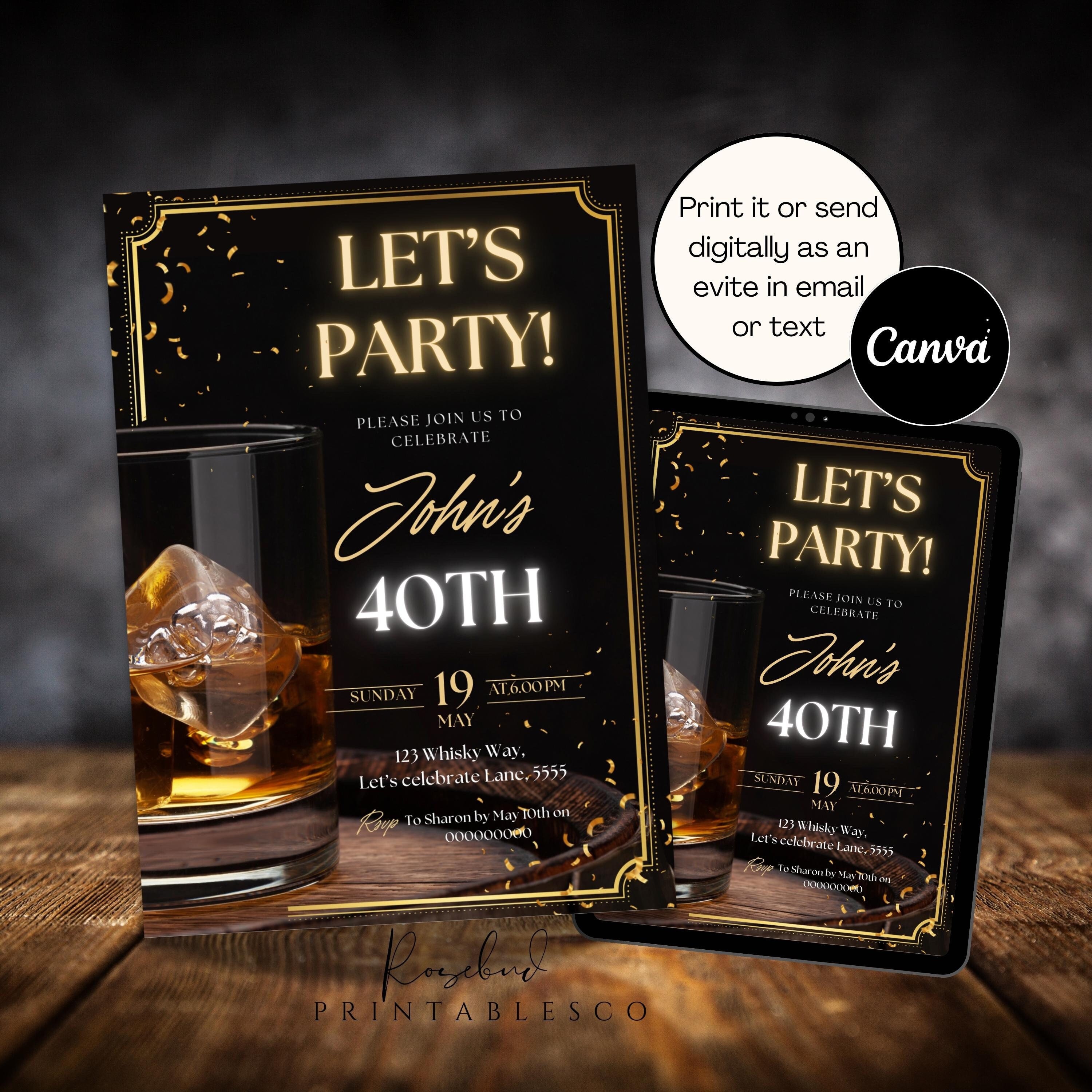 Whiskey Birthday Invitation Adult Men Birthday Invite 30th 40th 50th Any Age Invite Whisky Party Invitation Neon Whiskey Invite Let's Party