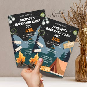 May include: A blue and green invitation card with a campfire, tent, and binoculars. The text on the card reads "You're invited to Jackson's Backyard Camp Out 5 June at 4pm 123 Backyard Lane, Camp Cut Way, 5555 RSVP to Amanda by June on 0000000000 Please bring your sleeping bag if you would like to spend the night."
