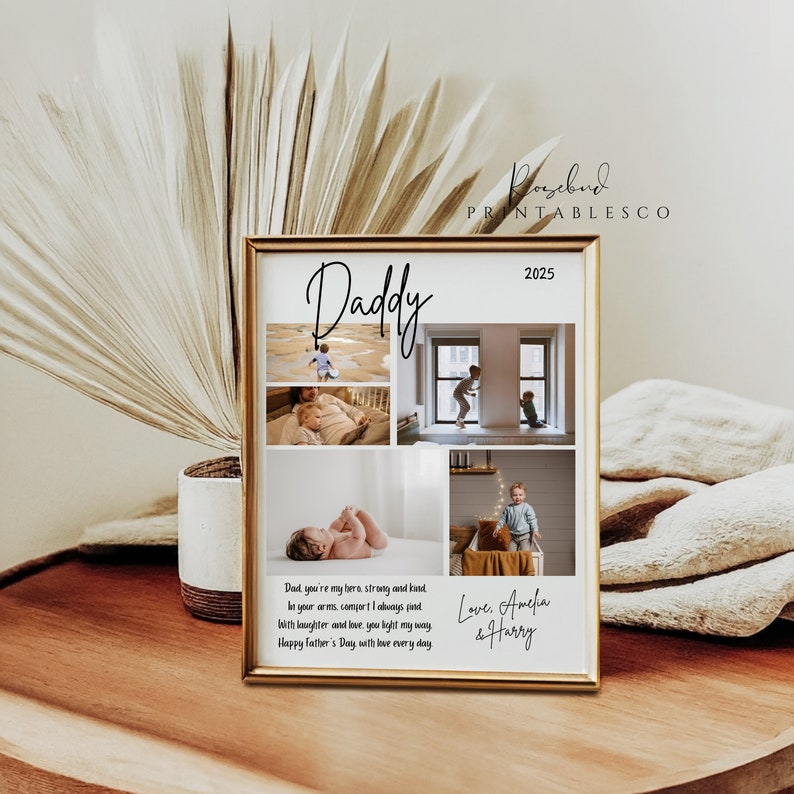 Puede incluir: Una tarjeta para el D&iacute;a del Padre imprimible con un collage de cuatro fotos de un padre con sus hijos. La tarjeta tiene el texto "Daddy 2025" en la parte superior y un mensaje que dice "Pap&aacute;, eres mi h&eacute;roe, fuerte y amable. En tus brazos, siempre encuentro consuelo. Con tu risa y tu amor, iluminas mi camino. Feliz D&iacute;a del Padre con amor cada d&iacute;a. Con cari&ntilde;o, Amelia y Harry."