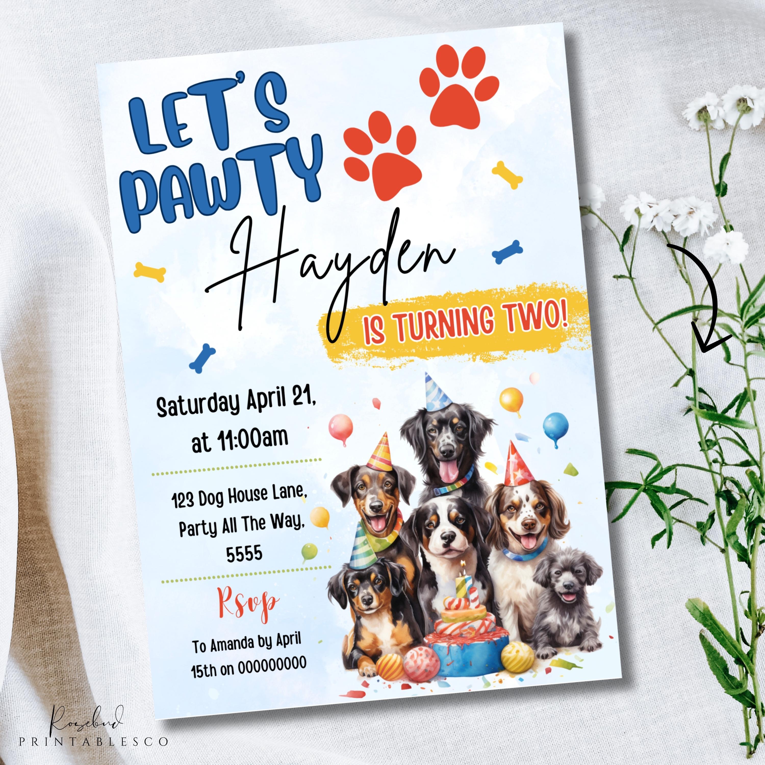 Blue Boy Dog Birthday Invitation, Puppy Party Invite, Lets Pawty ...