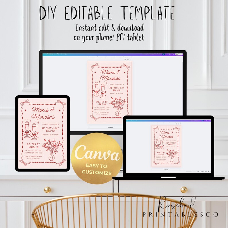 May include: A digital mockup of a printable invitation for a Mother's Day brunch. The invitation is pink with red text and illustrations of champagne glasses and flowers. The text reads "Moms & Mimosas" and "Mother's Day Brunch". The invitation is displayed on a computer screen and a tablet.