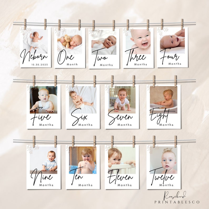 May include: Twelve printable cards with a white background and a floral design. Each card features a photo of a baby and the text "Newborn", "One Month", "Two Months", "Three Months", "Four Months", "Five Months", "Six Months", "Seven Months", "Eight Months", "Nine Months", "Ten Months", "Eleven Months", and "Twelve Months".