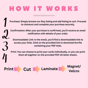 May include: A pink and white graphic with the text "HOW IT WORKS" and numbered steps for creating a printable craft project. The steps include purchasing, downloading, printing, cutting, laminating, and adding magnets or Velcro.