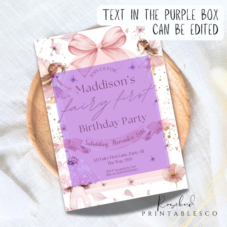 May include: A fairy-themed birthday party invitation with a purple central panel. The invitation includes the text "Maddison's fairy first Birthday Party" and other details. The design features fairies, butterflies, and floral accents.