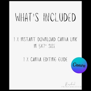 K&ouml;nnte beinhalten: Ein digitaler Download-Eintrag f&uuml;r eine druckbare Canva-Vorlage im Format 12,7 x 17,8 cm. Die Liste enth&auml;lt eine Canva-Bearbeitungsanleitung und einen Link zur Vorlage. Der Text "WHAT'S INCLUDED" befindet sich oben im Bild. Das Canva-Logo befindet sich unten rechts.