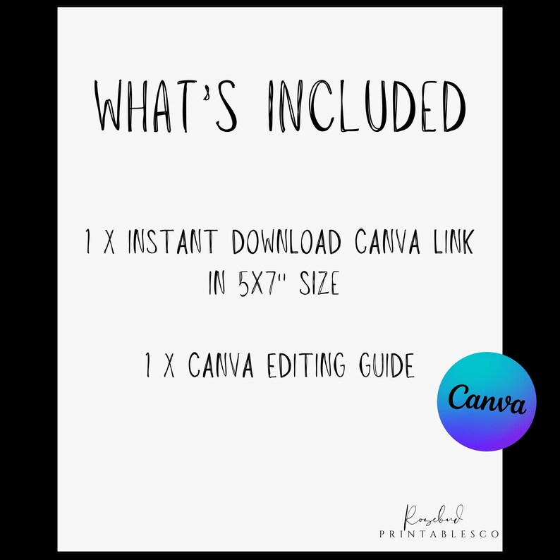 K&ouml;nnte beinhalten: Ein digitaler Download-Eintrag f&uuml;r eine druckbare Canva-Vorlage im Format 12,7 x 17,8 cm. Die Liste enth&auml;lt eine Canva-Bearbeitungsanleitung und einen Link zur Vorlage. Der Text "WHAT'S INCLUDED" befindet sich oben im Bild. Das Canva-Logo befindet sich unten rechts.