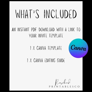May include: A white background with black text that says "WHAT'S INCLUDED" and lists the contents of a digital download: an instant PDF download with a link to a Canva template, 1 Canva template, and 1 Canva editing guide. The Canva logo is in the upper right corner of the image.