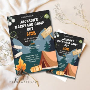 May include: A printable invitation for a backyard camp out party. The invitation features a campfire, tent, and a sign that says "Let's go camping!" The text on the invitation says "Jackson's Backyard Camp Out" and includes the date, time, and location of the event.