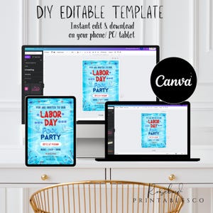 May include: Editable template for a Labor Day pool party invitation. The invitation features a blue and white pool background with red, white, and blue text that says "You are invited to our Labor Day Pool Party". The template is designed to be used with Canva.