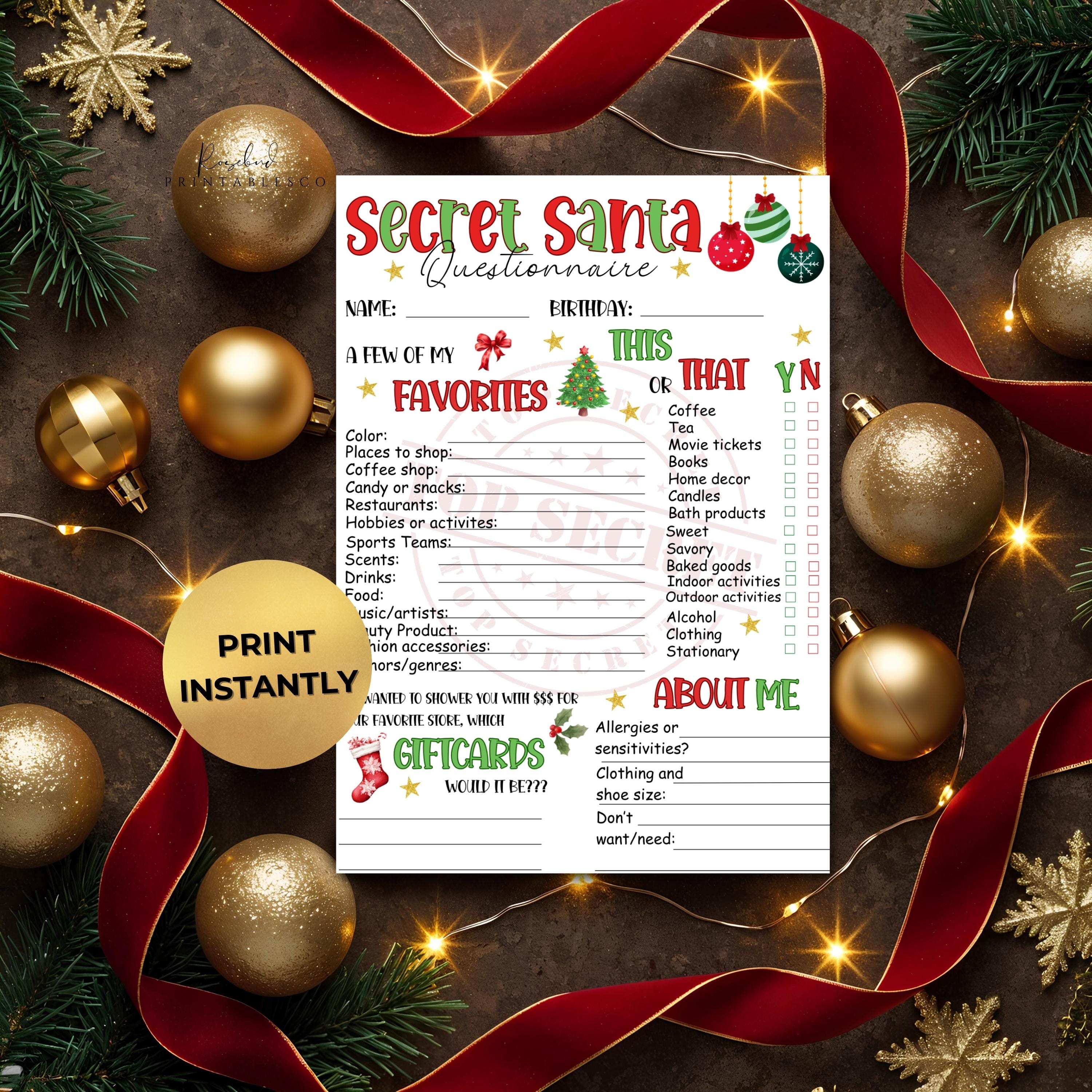 Secret Santa Friends Questionnaire.pdf Festive Christmas Secret Santa Questionnaire Printable Christmas Gift ...