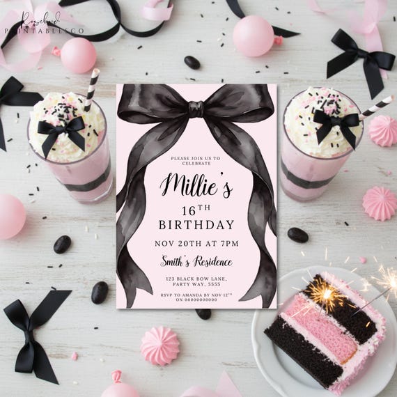 Pink Coquette Black Bow Invite, 16th 18th 21st 30th Elegant Bow Invitation, Canva Template