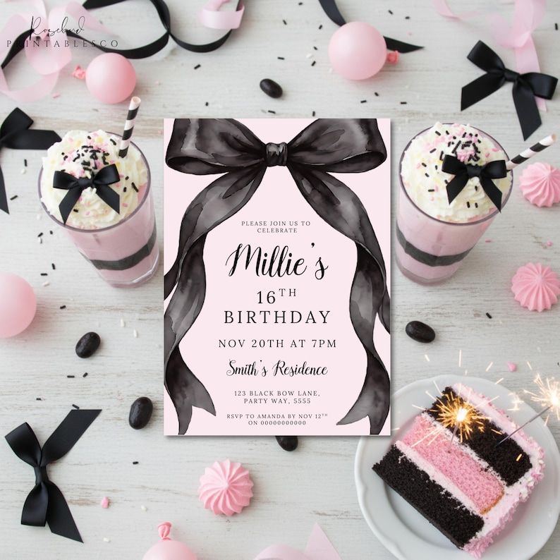 May include: A pink birthday invitation with a black bow design, announcing "Millie's 16th Birthday". The image includes party decorations like ribbons, desserts, and a slice of cake with a sparkler, all in pink and black.