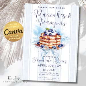 Pampers & Pancakes Diaper Shower Invitation, Baby Sprinkle, Blue Boy Baby Shower, Blueberry Pancakes, Blue Bow, Baby Brunch, Canva Template