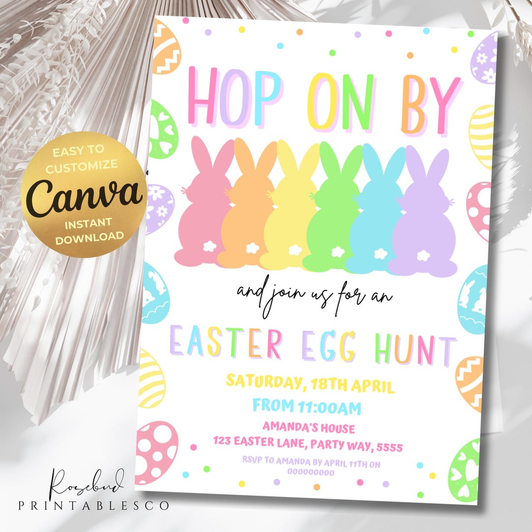 Editable Easter Egg Hunt Invitation, Hop on by Invite, Easter Bunny ...