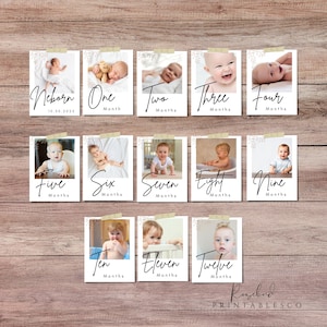 May include: Twelve printable cards with a white background and a faux Polaroid frame design. Each card features a baby's photo and a number from one to twelve, with the text "Months" below each number. The first card says "Newborn" and includes the date "10.30.2023".