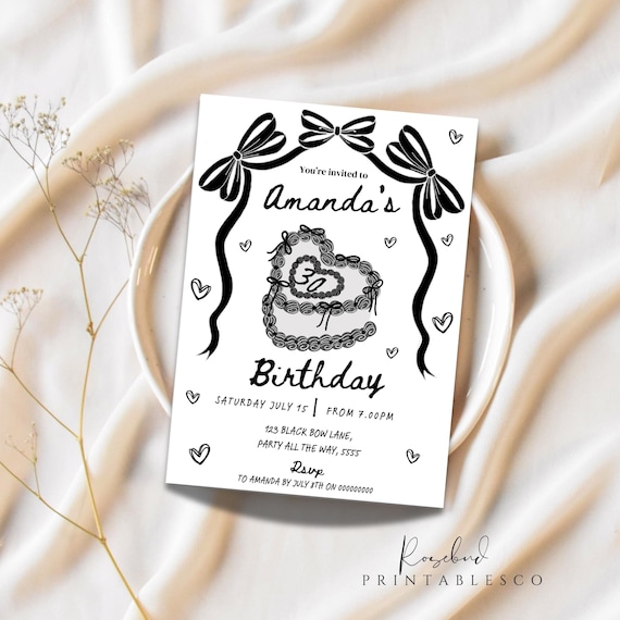 Black Bows Coquette Invitation 18th 21st 30th Coquette Party Invite Black and White Bows Retro Coquette Invite Black and White Cake Invite