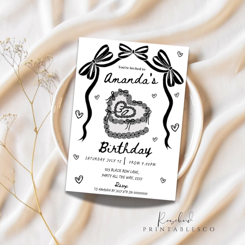 May include: Black and white birthday party invitation with a heart-shaped cake and the text "You're invited to Amanda's Birthday" and "RSVP to Amanda by July 4th on 0000000000".