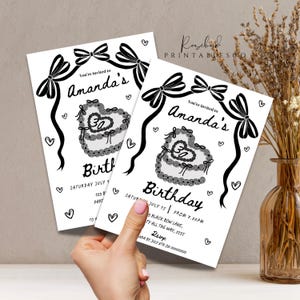 May include: Black and white printable birthday invitation featuring a heart-shaped cake and the text "You're invited to Amanda's Birthday".