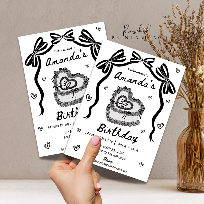 May include: Black and white printable birthday invitation featuring a heart-shaped cake and the text "You're invited to Amanda's Birthday".