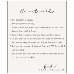 May include: A white background with black text explaining how to use a printable digital download. The text says "How it works" and lists seven steps. The text includes the words "Etsy", "Canva", and "PDF". The text also mentions printing at home or at a local print shop. The text ends with the words "Rosebud PRINTABLESCO".