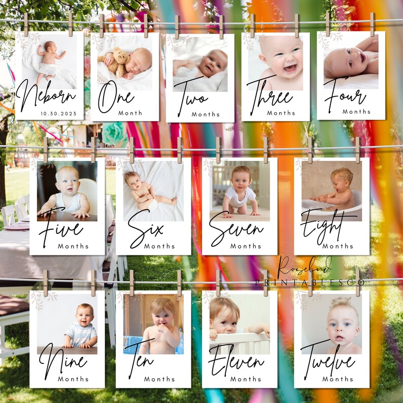 May include: Twelve white photo cards with a white floral border and a black handwritten number and the word "Months" on each card. The cards are hung on a string with clothespins. Each card has a photo of a baby at a different age, from newborn to twelve months.