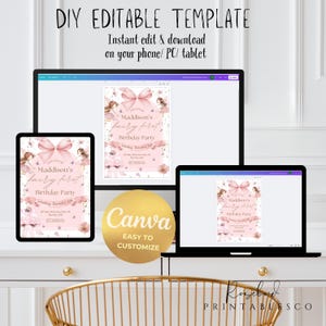 May include: A digital template for a fairy-themed birthday party invitation, shown on a tablet, laptop, and desktop computer. The invitation features a pink bow, fairies, and the text "Maddison's fairy first Birthday Party." The Canva logo is also visible.