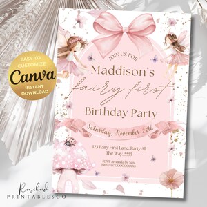 May include: A pink and white invitation for a fairy-themed first birthday party. The design includes illustrations of fairies, butterflies, and flowers. The text reads "Maddison's fairy first Birthday Party" and includes the date and location.