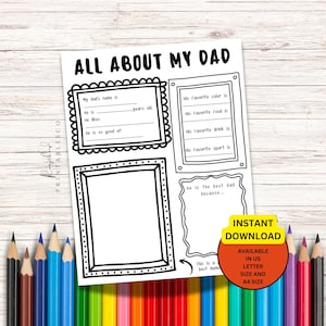 Alles over mijn vader Afdrukbare kinderen Afdrukbare vaderdag Alles over papa Vul de lege velden in Kinderen Vaderdag Activiteit Schoolwerkblad Kleurplaat