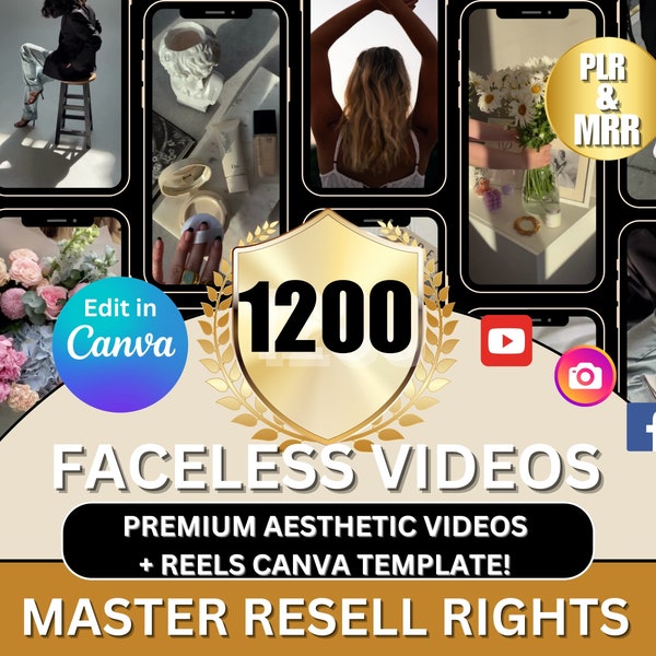 1200+ gesichtslose ästhetische Videos für Instagram Reels Minimalistische gesichtslose digitale Marketingvideos mit Master-Wiederverkaufsrechten MRR PLR Canva