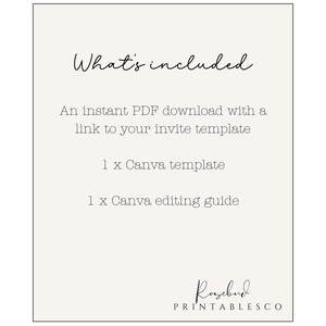 Puede incluir: Lo que se incluye: Una descarga instant&aacute;nea de PDF con un enlace a tu plantilla de invitaci&oacute;n, 1 plantilla de Canva y 1 gu&iacute;a de edici&oacute;n de Canva. Rosebud PRINTABLESCO.