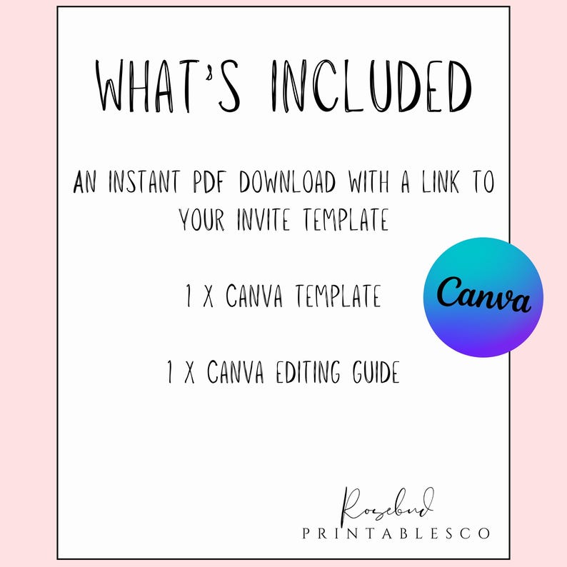 May include: A white background with black handwritten text that reads "WHAT'S INCLUDED". The text details an instant PDF download, a Canva template, and a Canva editing guide. A blue and purple Canva logo is visible.
