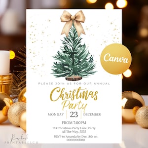 Weihnachten Party Einladung Vintage Pine Tree Gold Bow Weihnachten einladen Minimalistische Weihnachts-Einladung Festtage Einladen Freunde Familie Weihnachten einladen