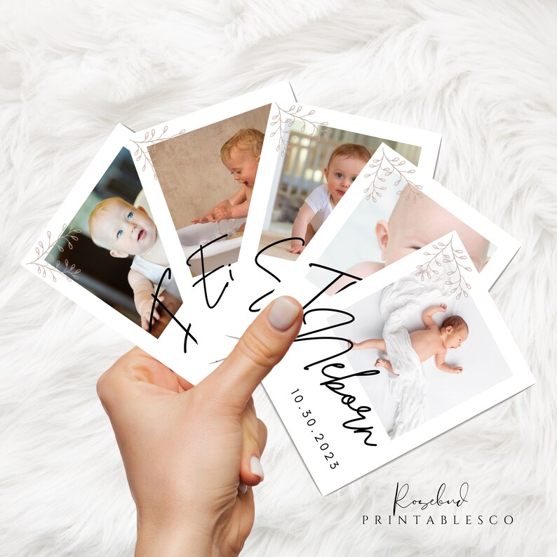 May include: Four instant photo cards with images of a baby at different ages. The cards have a white background with a brown floral border and the text "First Album" and "10.30.2023" in black cursive writing. The bottom card has the text "Rosebud Printables Co."