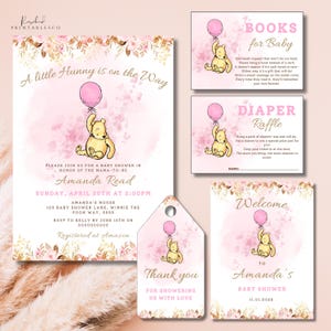 Winnie-the-Pooh: Un piccolo tesoro è in arrivo. Pacchetto per baby shower. Classico invito per baby shower con orsetto Winnie-the-Pooh. Foglie rosa e oro. Canva per baby shower.